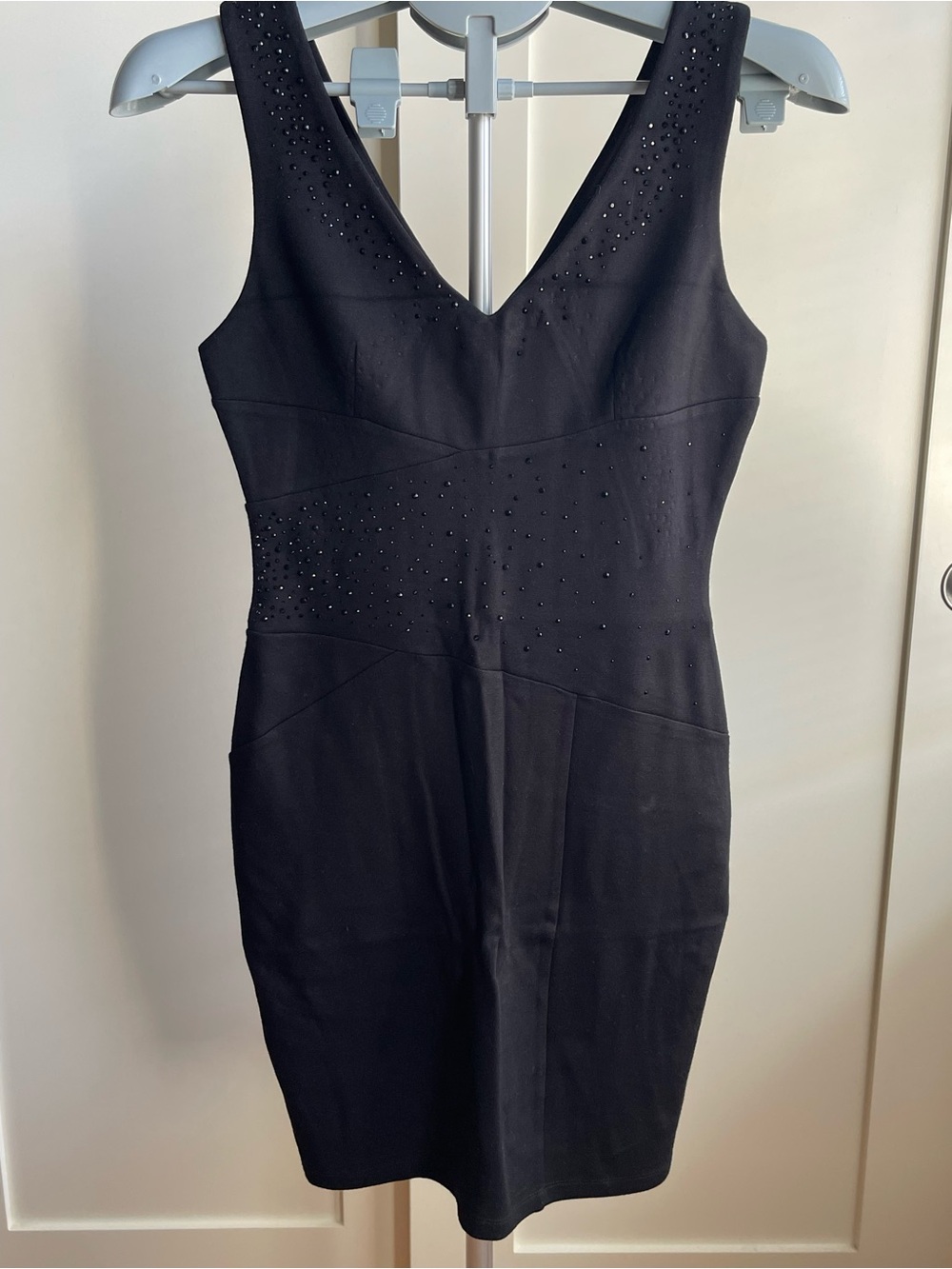 Velvet Black V-Neck Sheath Dress with Seamed Detailing & Rhinestones